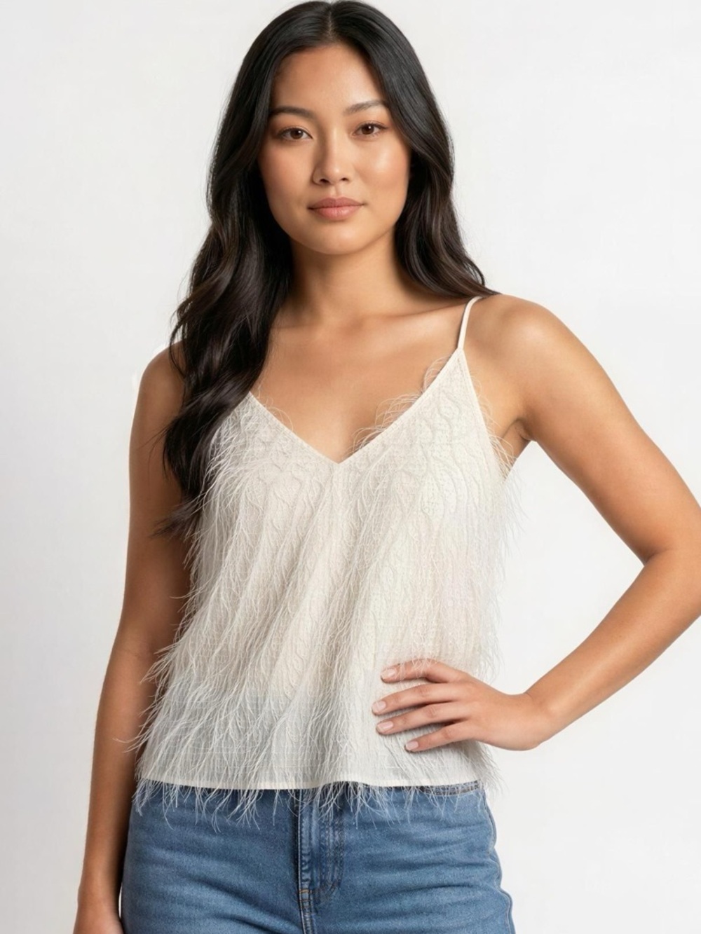 On Twelfth Fuzzy Feather-Trim Off-White Cami Size S